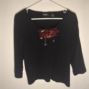 Onque Casuals XL Black Halloween Spiderweb Embroidered Top 3/4 Sleeve Cotton